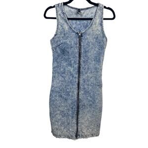 RARE 80s Acid Wash Denim Stretch Zip Front Bodycon Dress Est Small